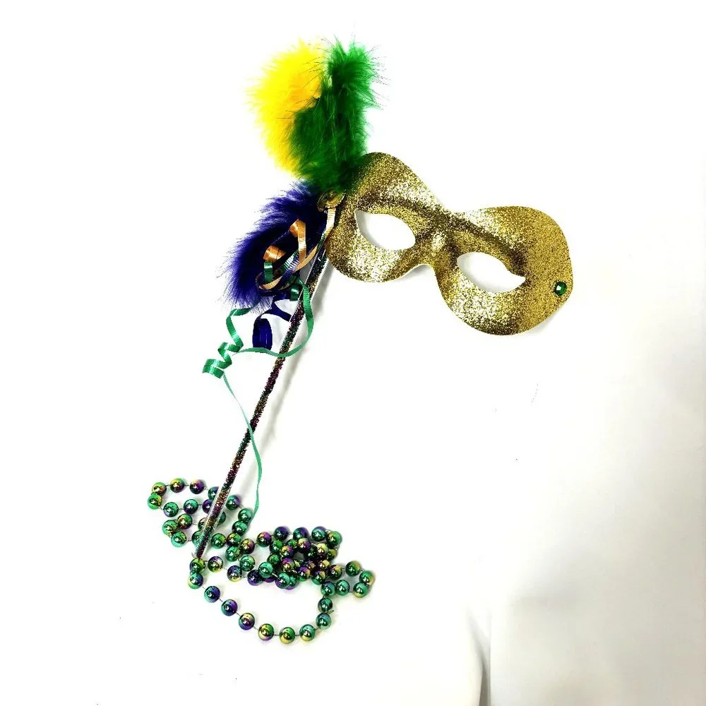 Mardi Gras Harlequin Gold Mardi Gras Mask & Beads NWOT